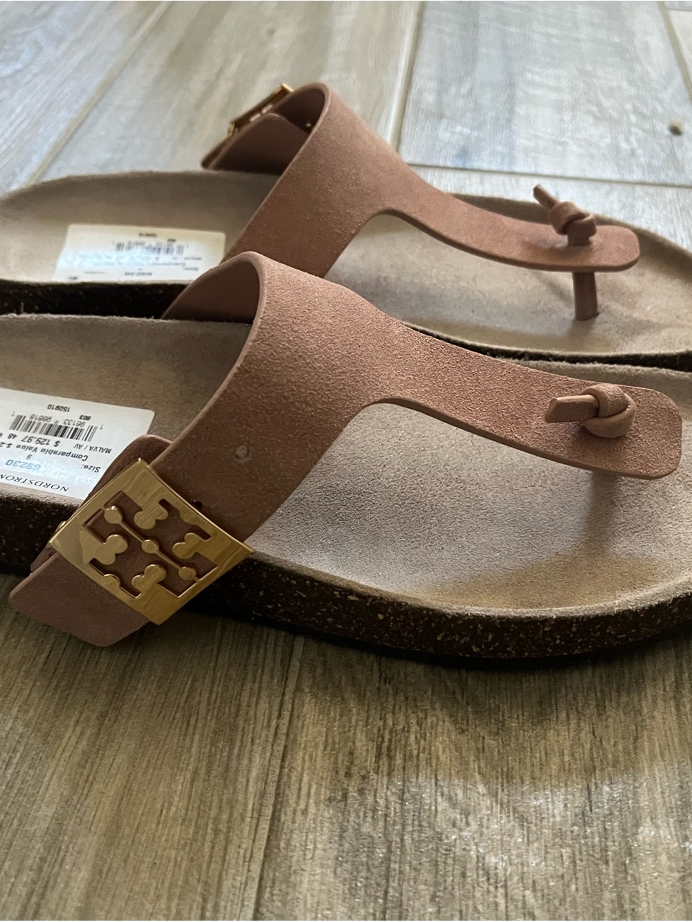 Tory Burch Dusty Rose Suede Thong Sandals with Gold Logo
